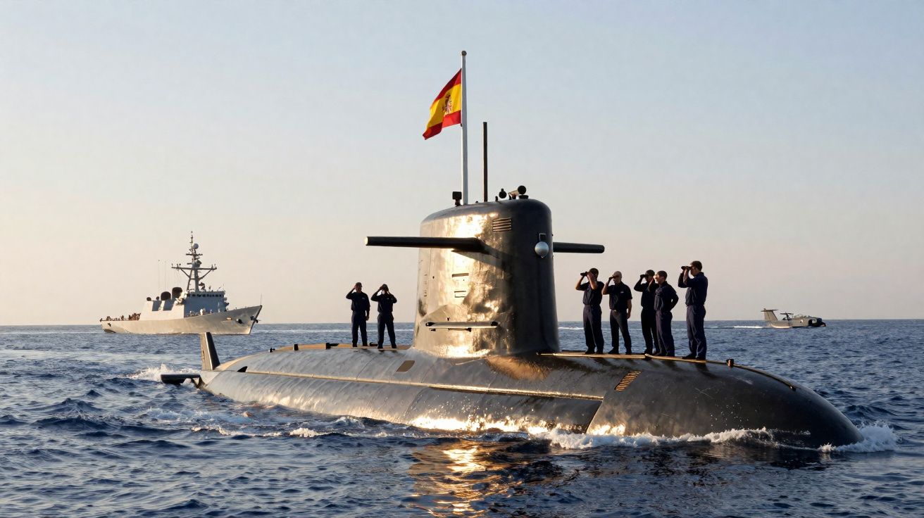 Submarino militar espanhol na superfície com tripulação a observar o mar, acompanhado por outros navios ao fundo.
