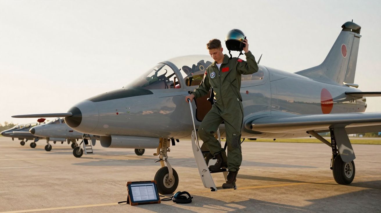 Piloto militar em fato de voo verde segura capacete junto a jato cinza estacionado num aeroporto ao pôr do sol.