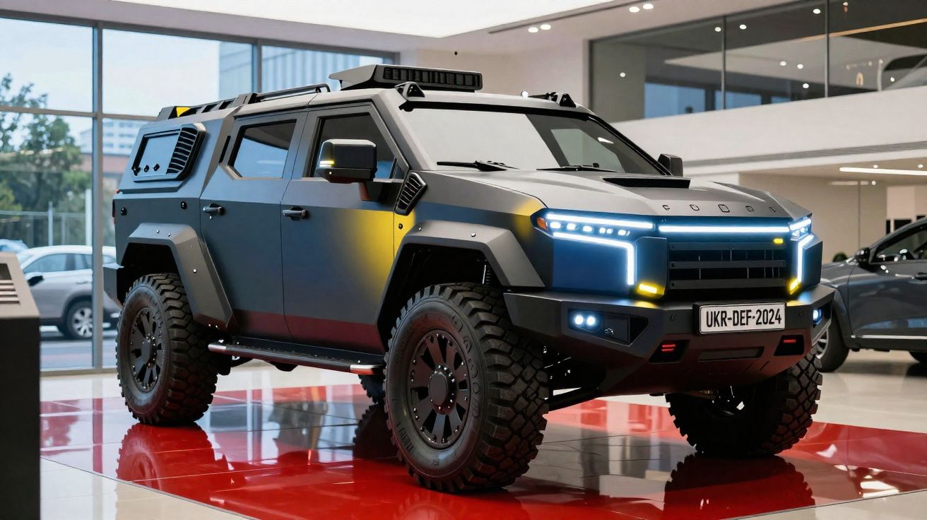 Veículo todo-o-terreno preto com design robusto exposto numa sala moderna com chão vermelho brilhante.