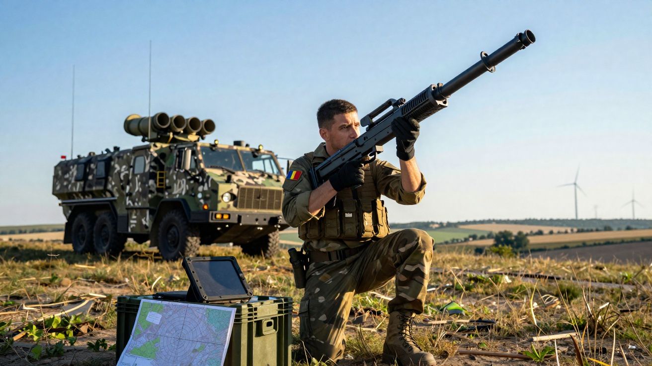 Soldado em uniforme camuflado ajoelhado no campo com arma antitanque, veículo militar e mapa ao fundo.