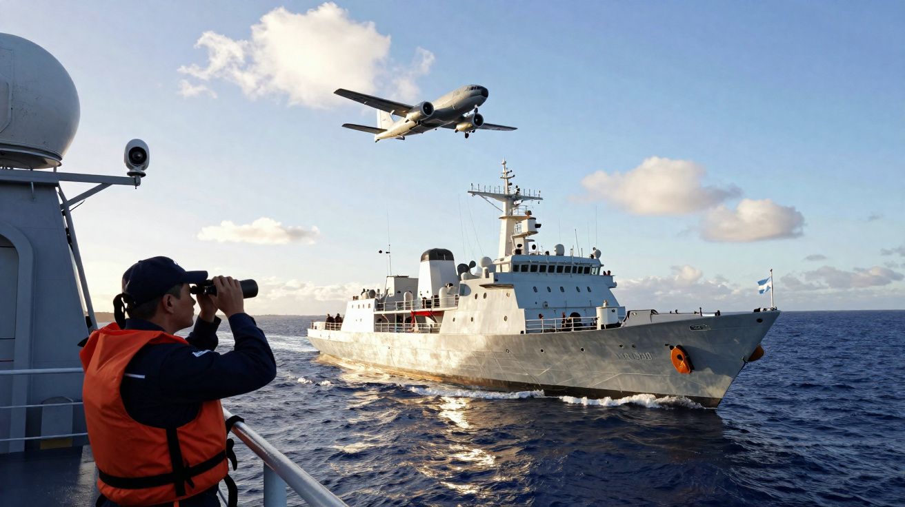 Homem em colete laranja observa navio militar no mar enquanto avião passa no céu ao pôr do sol.