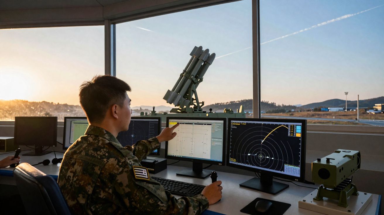 Soldado militar operando equipamento de radar com vários ecrãs numa sala de controlo com vista para o exterior.