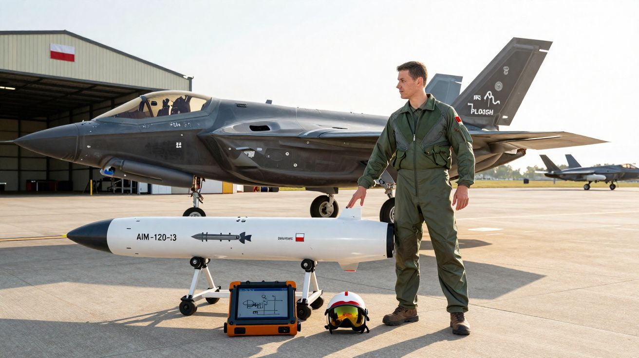 Piloto em fato de voo verde ao lado de avião militar e míssil AIM-120 numa pista de aeroporto.