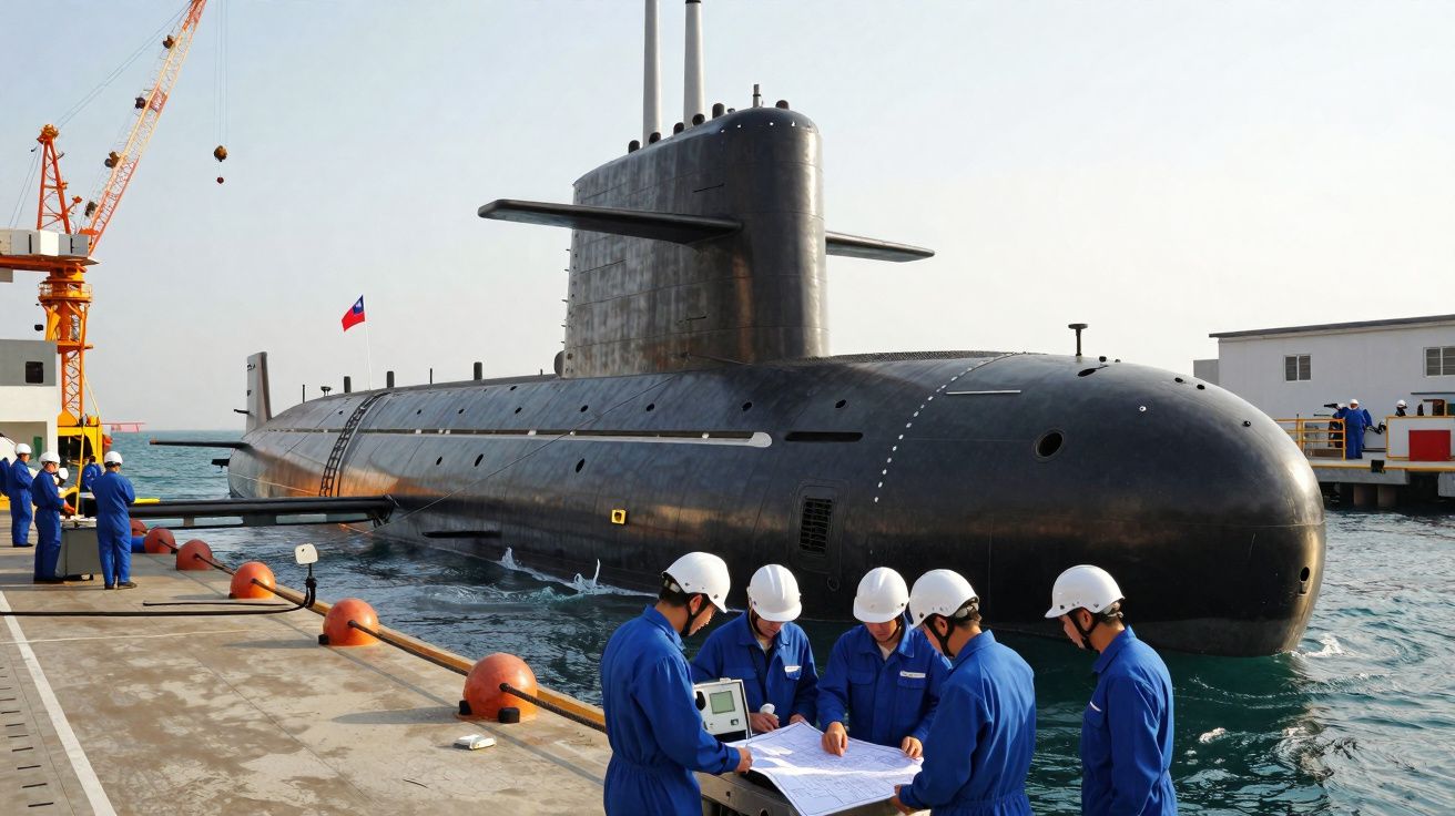 Submarino preto atracado no porto com cinco homens de capacete e farda azul a analisar plantas no cais.