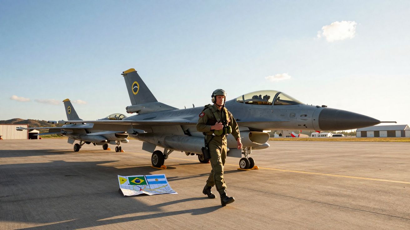 Piloto militar em uniforme camuflado caminha em pista junto a dois caças militares com bandeiras no chão.