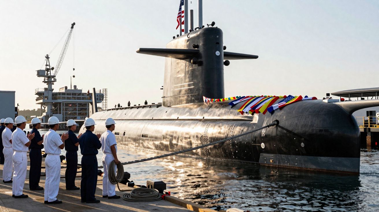 Submarino militar atracado com tripulação em uniforme branco e azul alinhada no cais durante cerimónia naval.