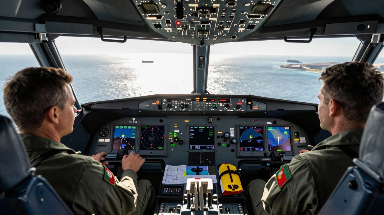 Dois pilotos em uniforme português sentados na cabine de um avião, com vista para o mar e uma costa ao longe.