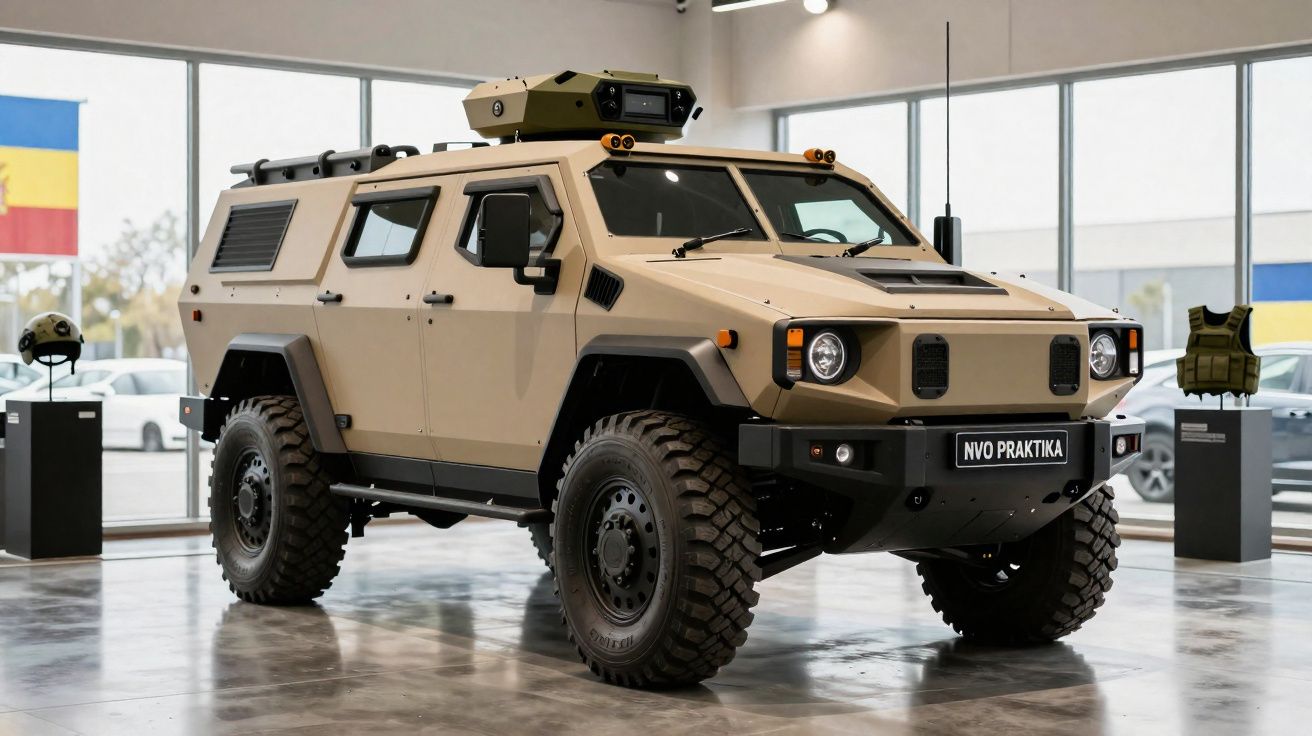 Veículo militar blindado bege NVO Praktika exposto num salão com capacete e colete à prova de balas ao fundo.