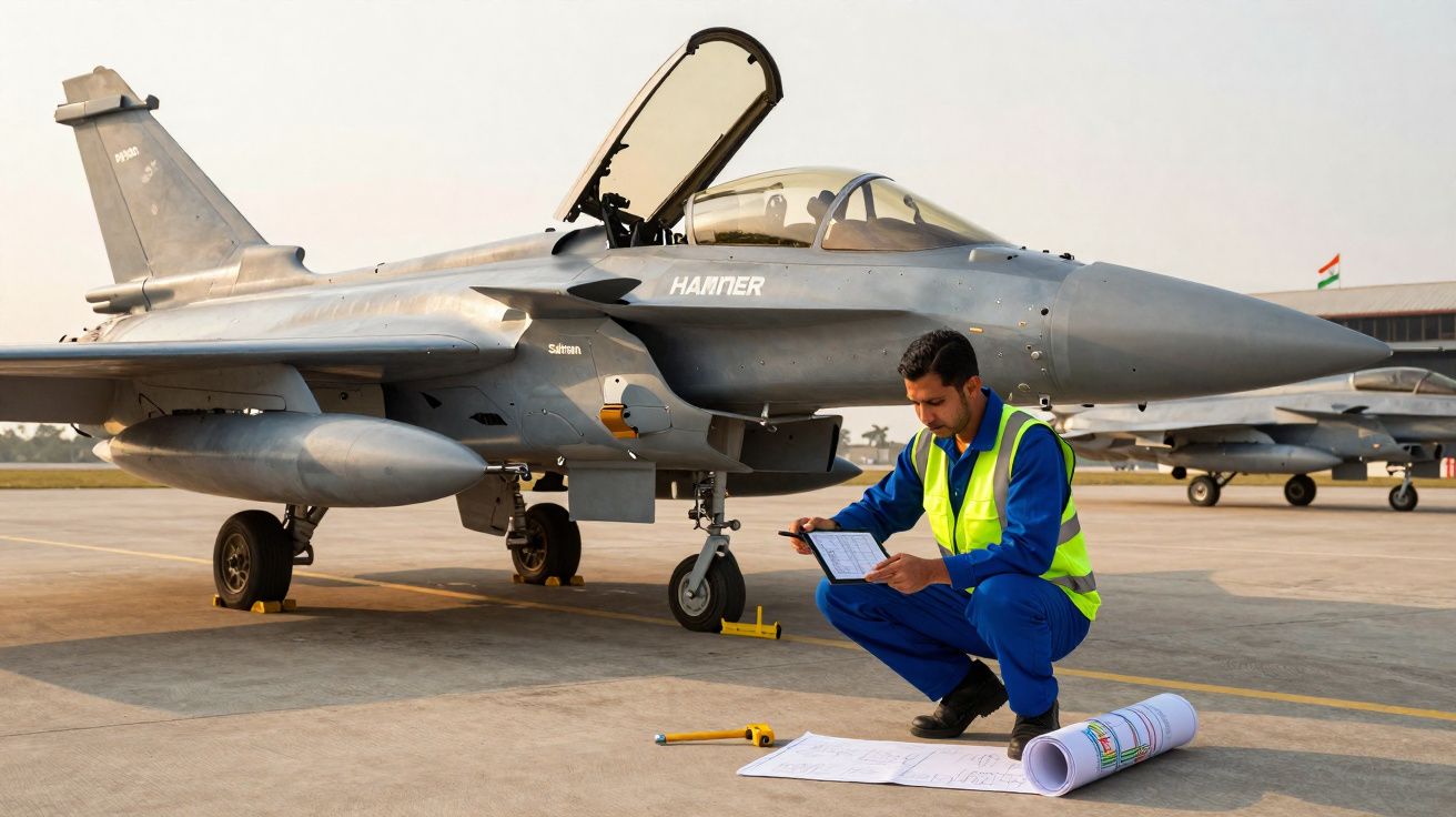 Homem em colete refletor verifica documentos junto a avião militar estacionado em pista de aeroporto.