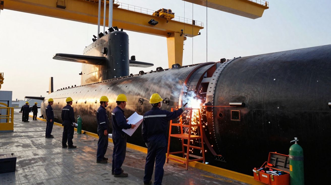 Trabalhadores com capacetes amarelos soldam um submarino preto numa doca seca industrial ao ar livre.