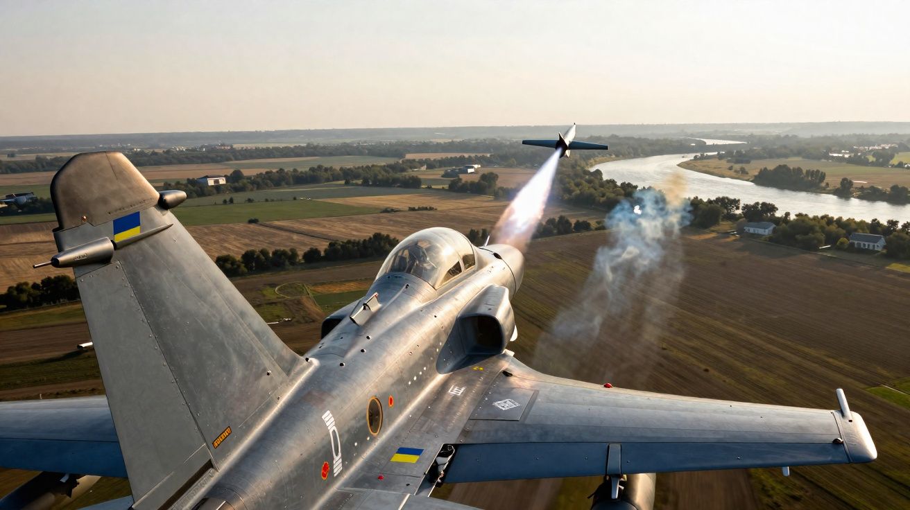 Caça militar a disparar míssil sobre paisagem rural com rio ao fundo durante o dia.