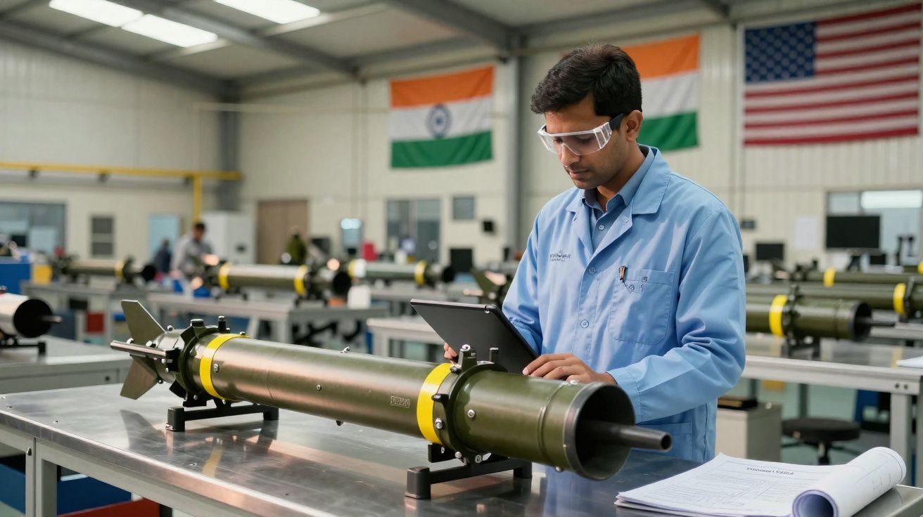 Homem de azul a inspecionar armamento militar enquanto lê tablet numa oficina com bandeiras da Índia e EUA ao fundo.