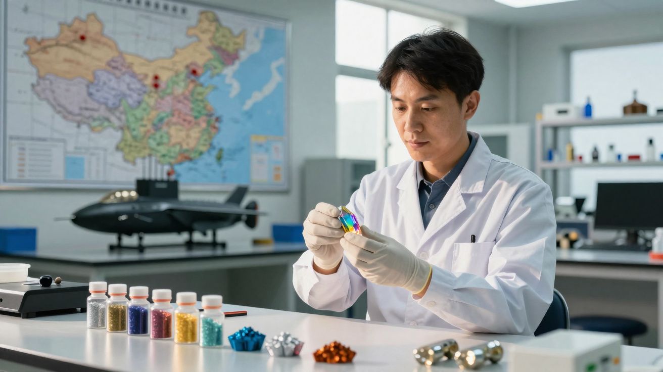 Cientista em laboratório analisa amostras coloridas com mapa e protótipo de drone ao fundo.