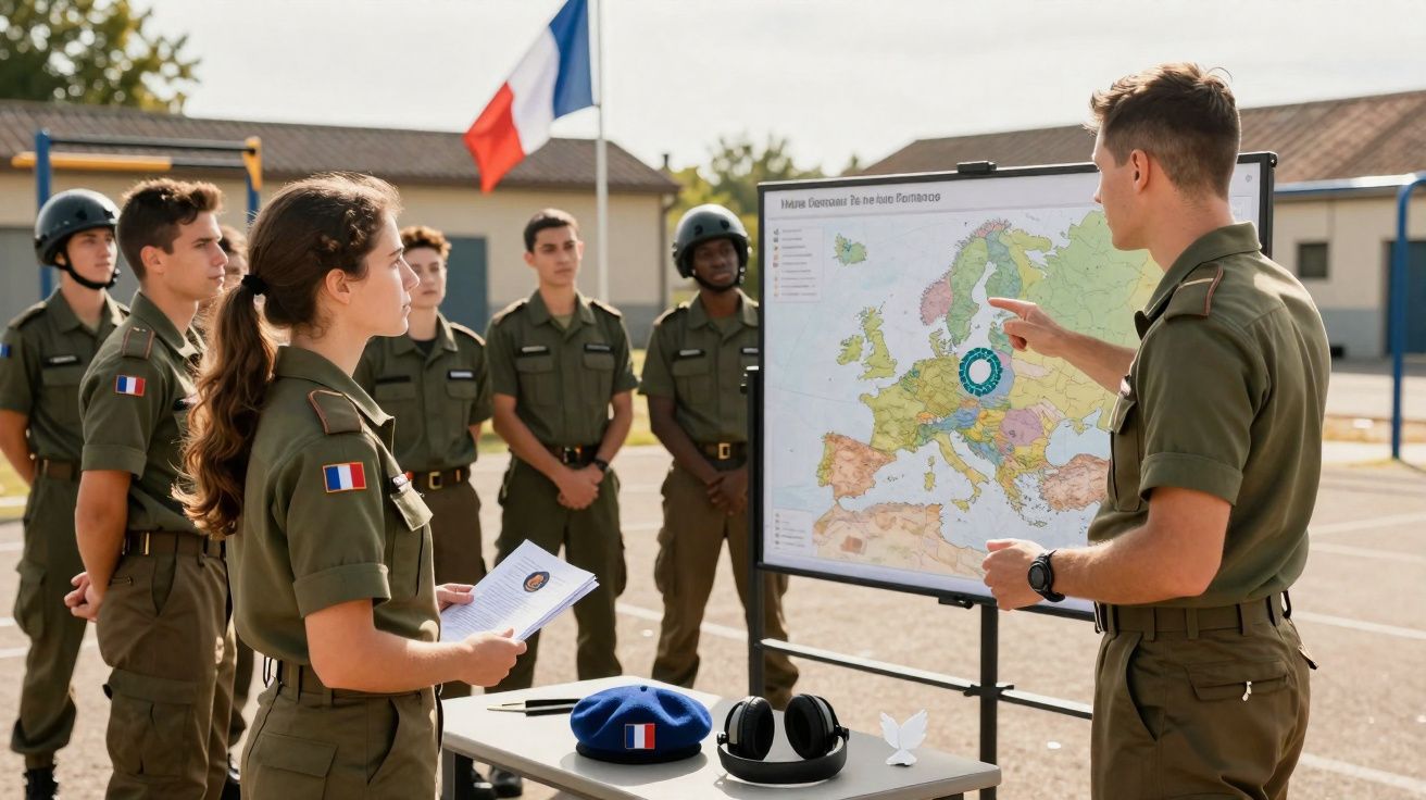 Grupo de militares franceses em formação ao ar livre com mapa da Europa em quadro branco.