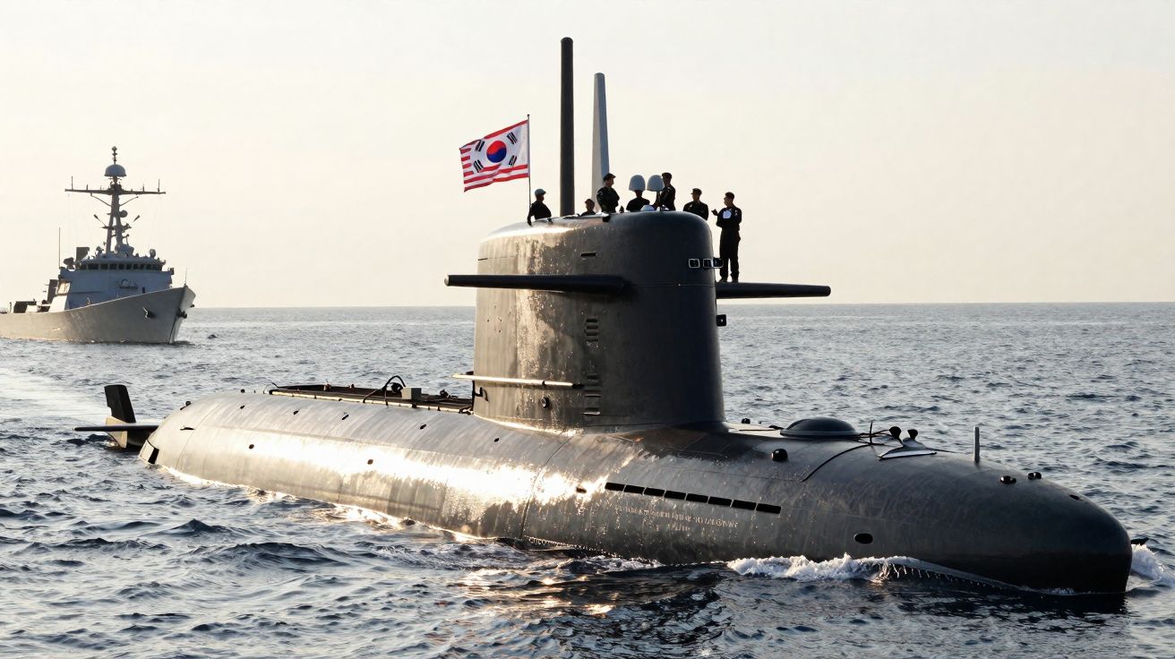 Submarino sul-coreano com tripulação no convés e navio de guerra ao fundo no mar calmo.