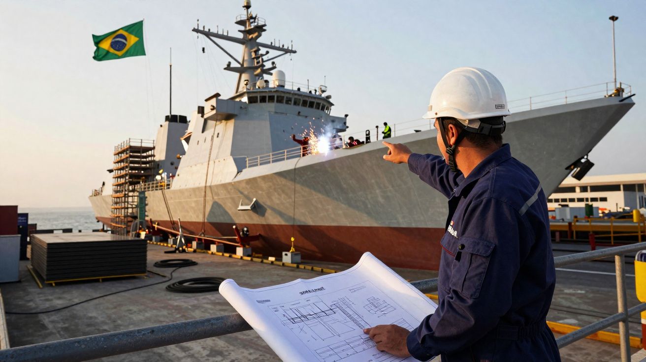 Homem de capacete e fardamento azul consulta planta junto a navio de guerra com bandeira do Brasil no porto.