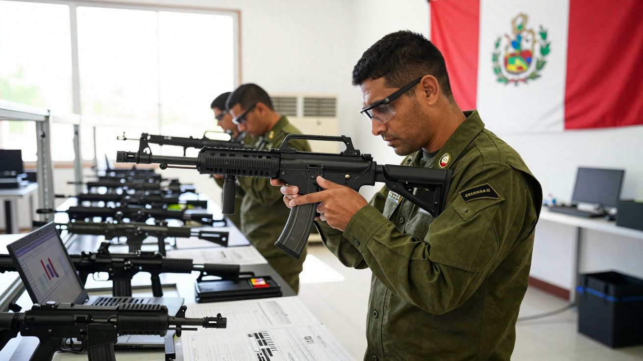 Soldados em uniforme verde e óculos de proteção inspecionam armas numa sala com bandeira do Peru ao fundo.