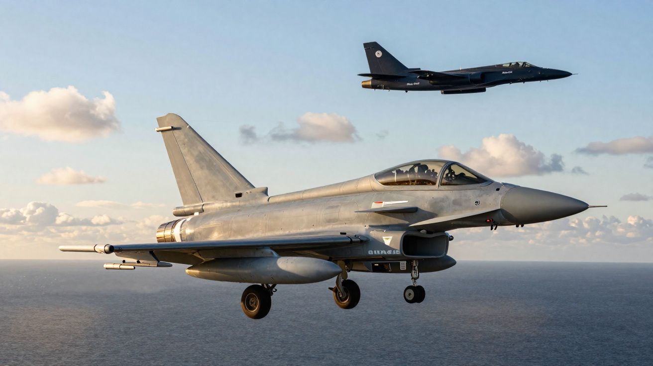 Dois caças militares em voo sobre o mar, céu parcialmente nublado ao fundo.