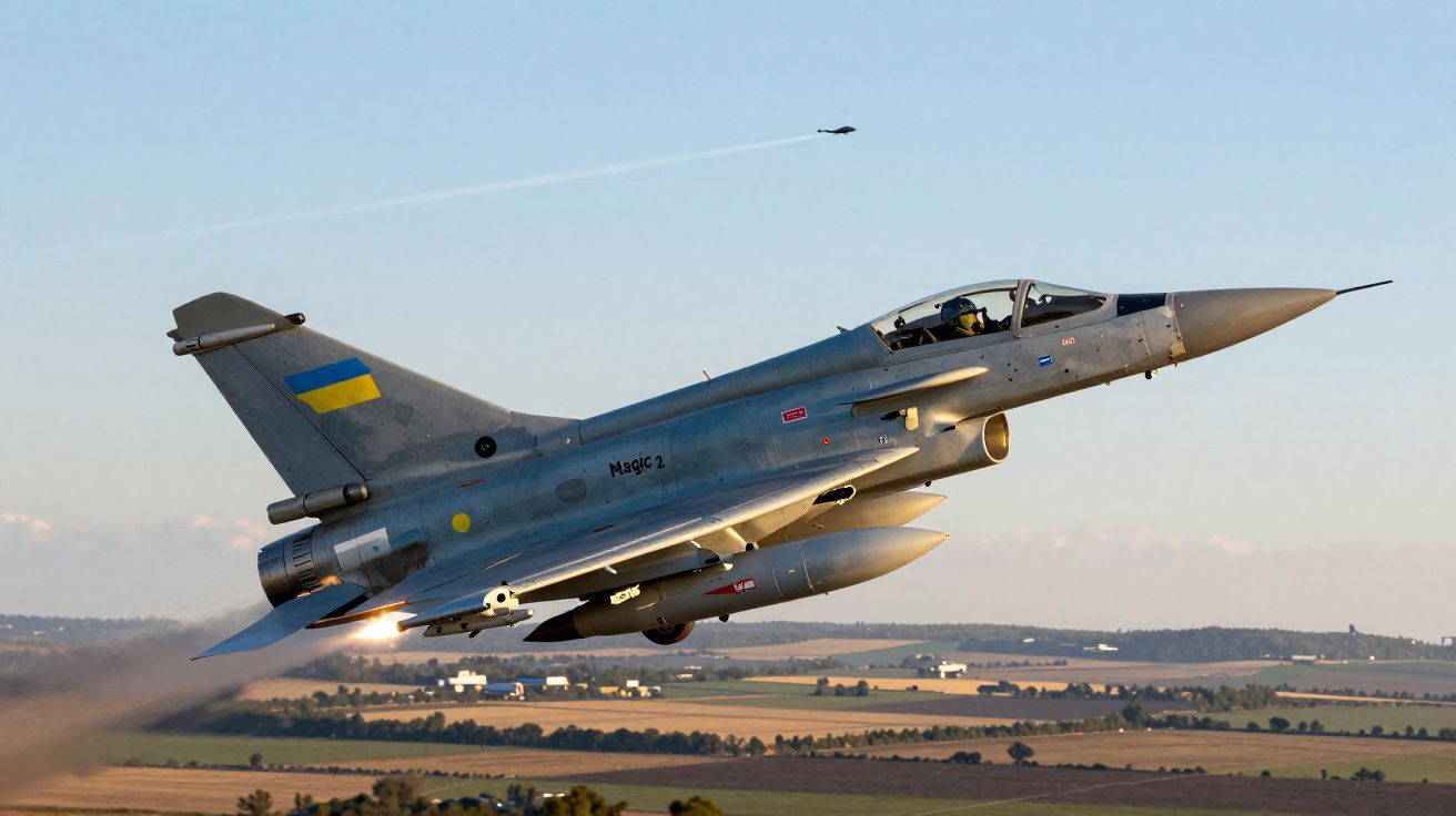 Caça Eurofighter Typhoon com bandeira ucraniana a levantar voo sobre paisagem rural ao pôr do sol.