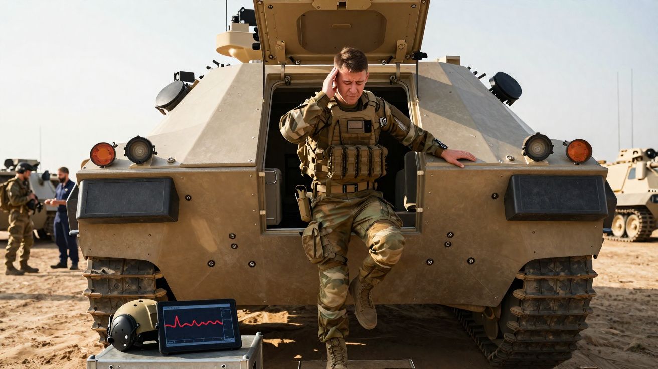 Soldado militar a sair de veículo blindado no deserto, com monitor de sinais vitais e capacete no chão.