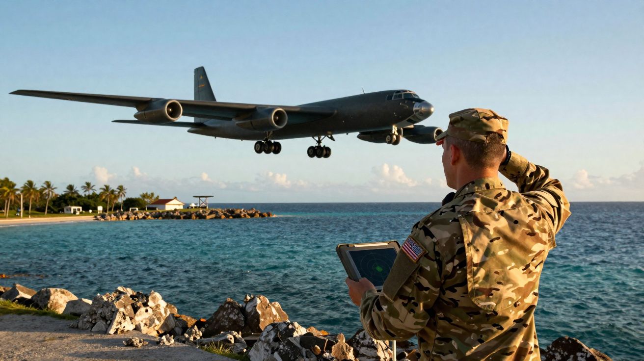 Soldado em uniforme vigia avião militar a descolar ao lado do mar numa praia com palmeiras ao fundo.