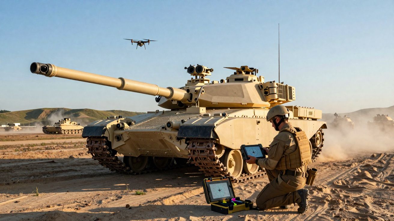 Soldado opera drone junto a tanque militar num deserto com colinas ao fundo e céu limpo.