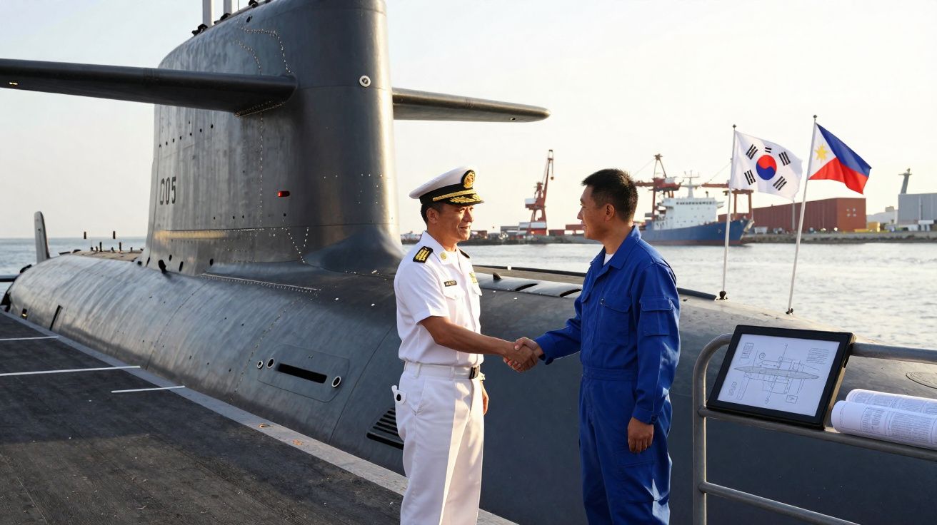 Dois homens militares apertando as mãos junto a um submarino atracado, com bandeiras da Coreia do Sul e Filipinas ao fundo.