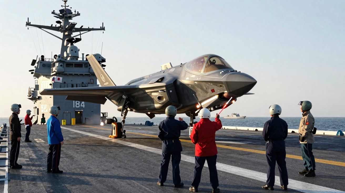 Caças F-35 prestes a descolar de porta-aviões com tripulação de apoio em convés marítimo.