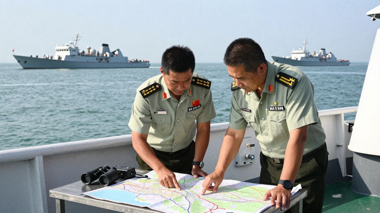 Dois oficiais militares chineses analisam um mapa a bordo de um navio com dois navios de guerra ao fundo no mar.