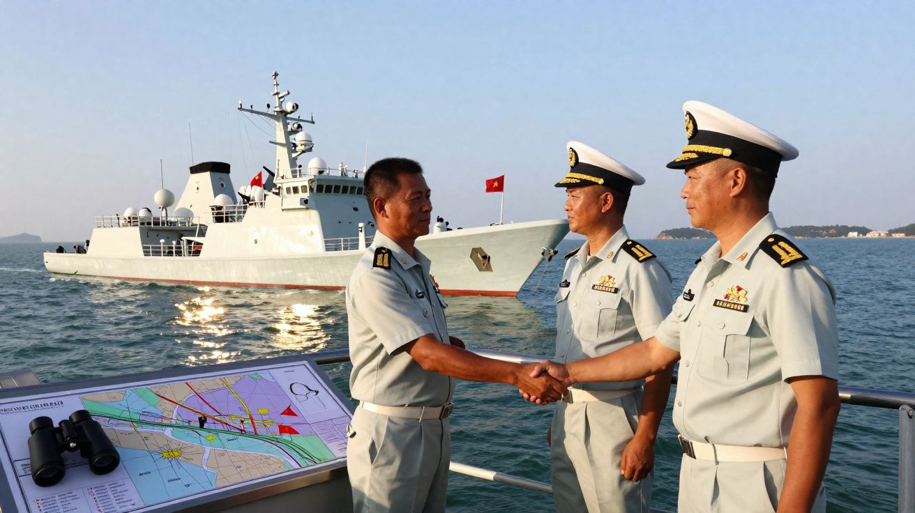 Três oficiais navais chineses a cumprimentar-se no convés de um navio com um navio militar ao fundo.