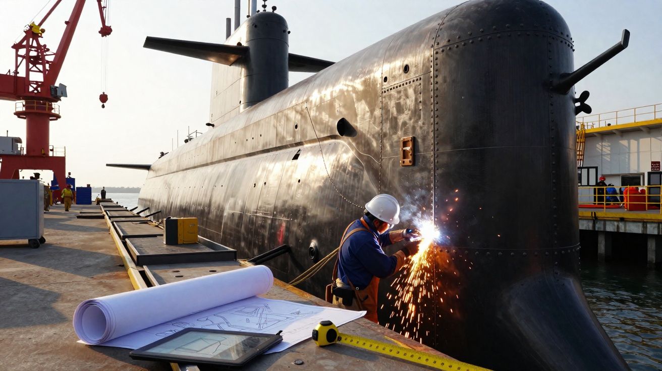 Trabalhador a soldar um submarino no cais com plantas e ferramentas em primeiro plano.