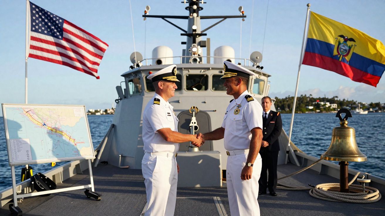 Dois oficiais navais cumprimentam-se no convés de um navio entre bandeiras dos EUA e do Equador.