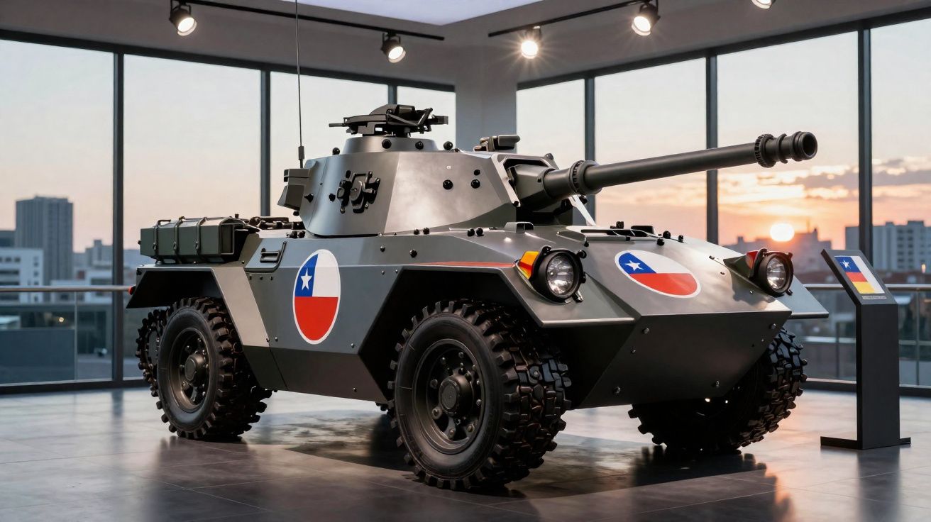 Veículo blindado militar exposto em museu com janelas panorâmicas ao pôr do sol.