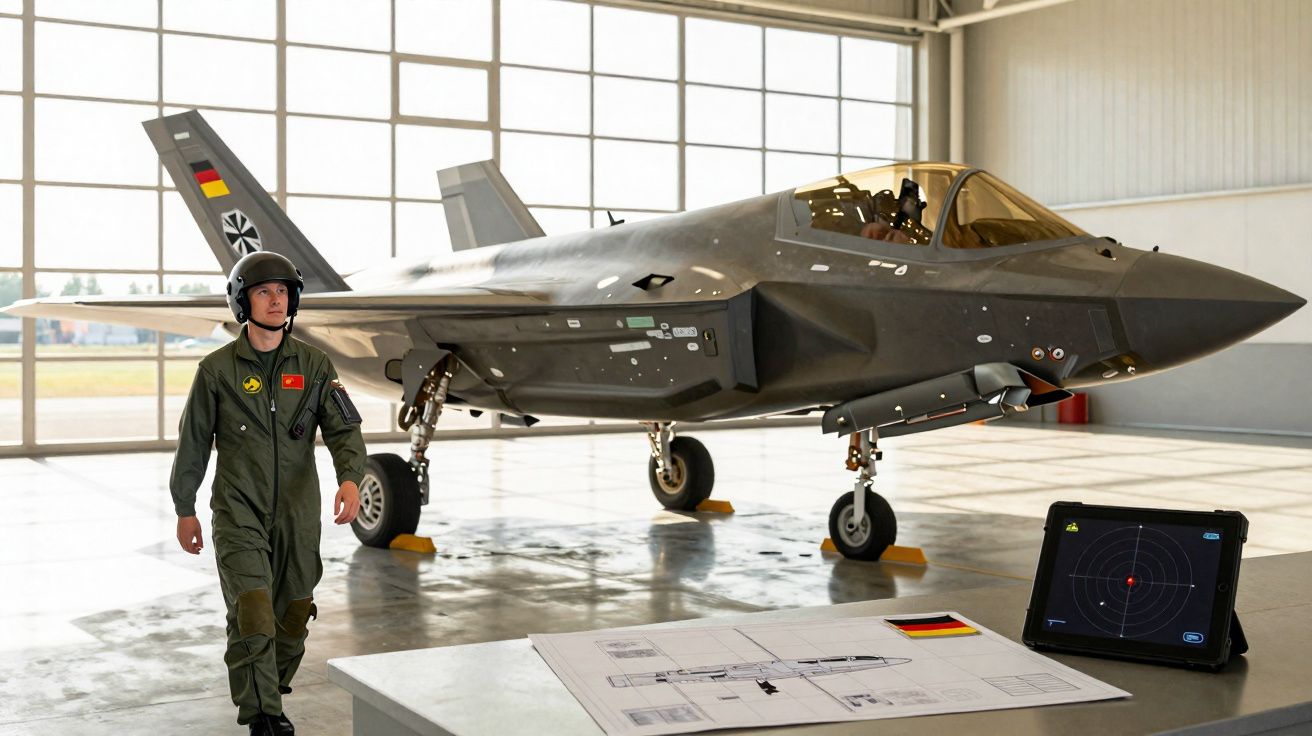 Piloto militar em fato de voo camuflado junto a caça stealth F-35 numa base aérea com planta e ecrã digital.