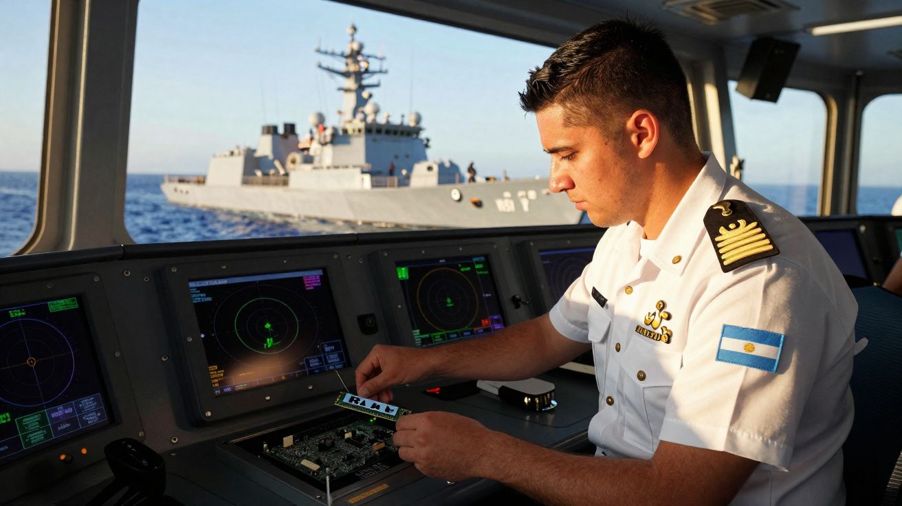 Oficial naval argentino a operar equipamentos eletrónicos na ponte de comando de um navio militar com outro navio visível ao 