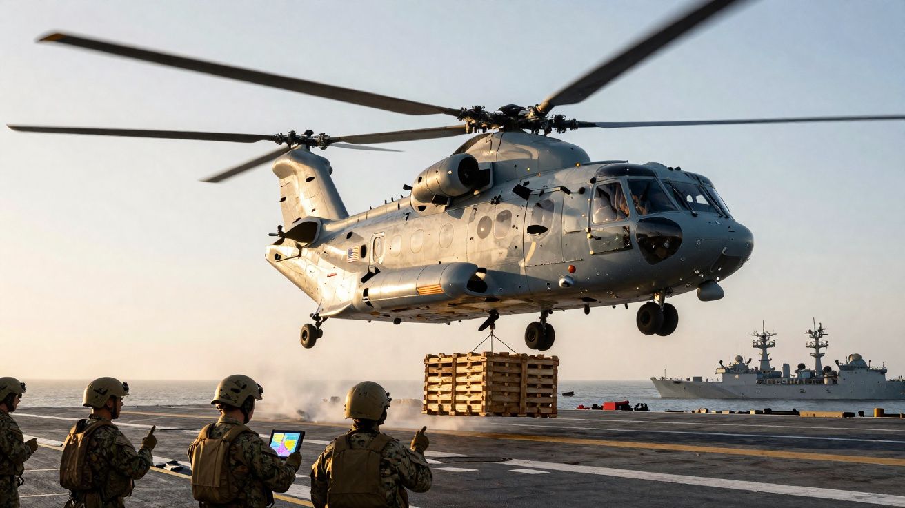 Helicóptero militar a levantar carga, com soldados e navios de guerra ao fundo no convés de um navio.
