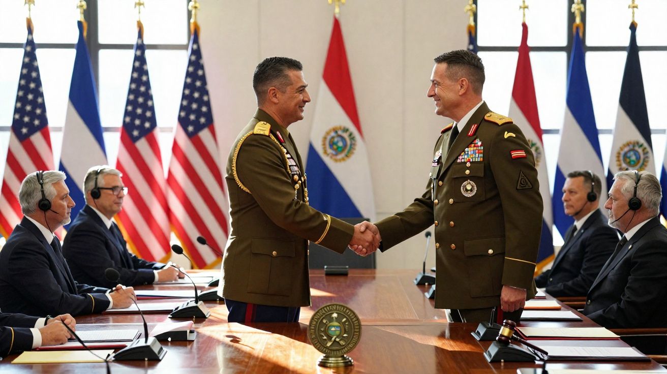 Dois militares apertam as mãos numa reunião formal com bandeiras dos EUA e do Paraguai ao fundo.