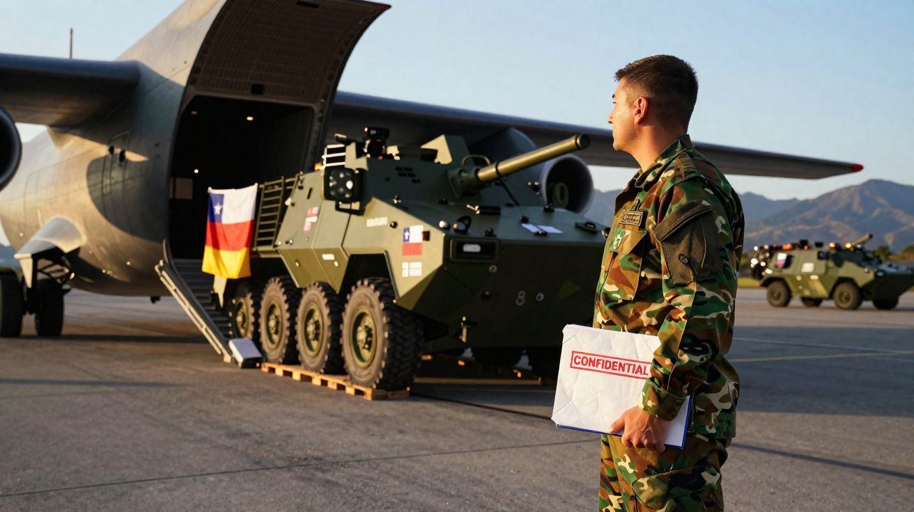 Soldado em uniforme militar com pasta confidencial observa veículo blindado próximo a avião de carga.