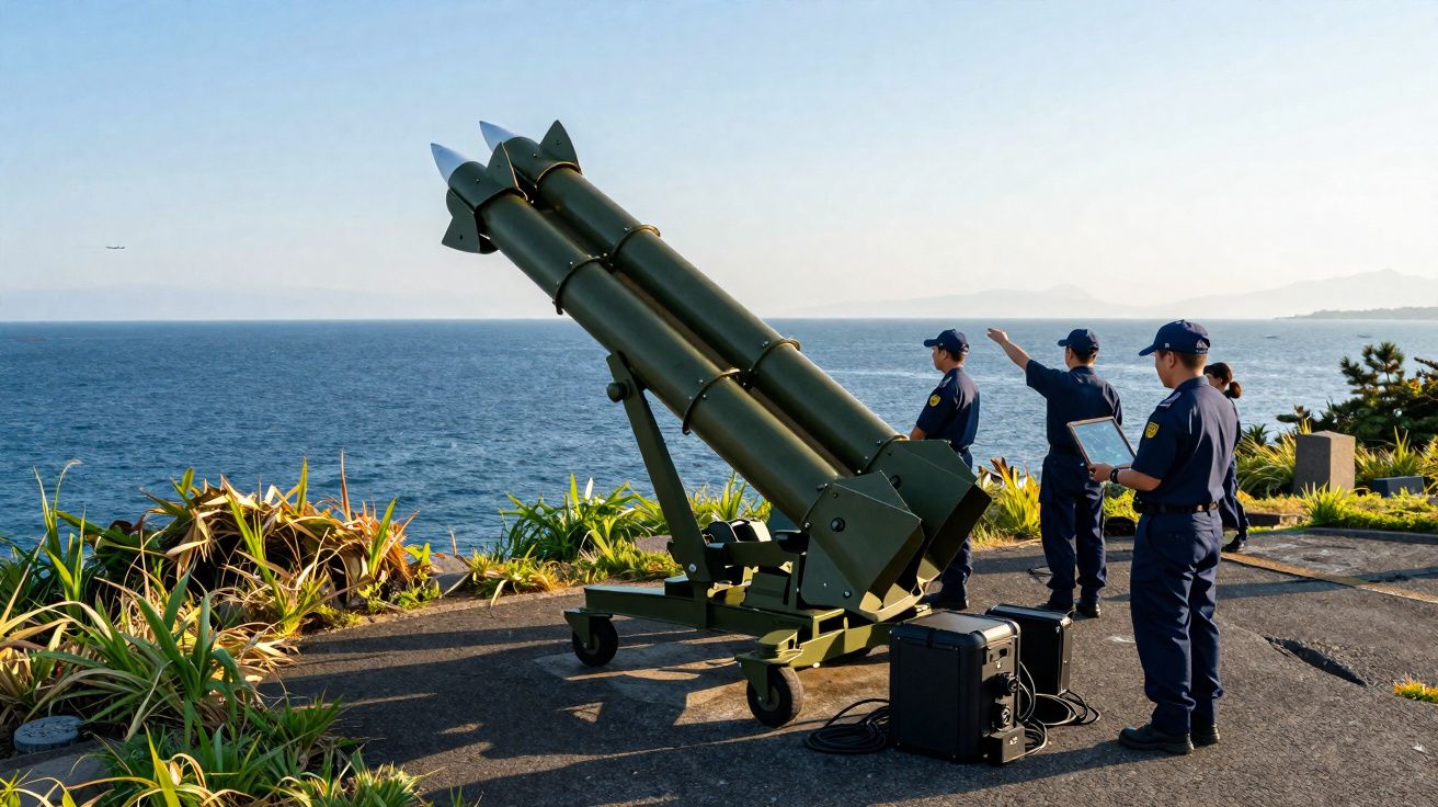 Três militares junto a um lançador de mísseis apontado para o mar num terreno costeiro com vegetação.
