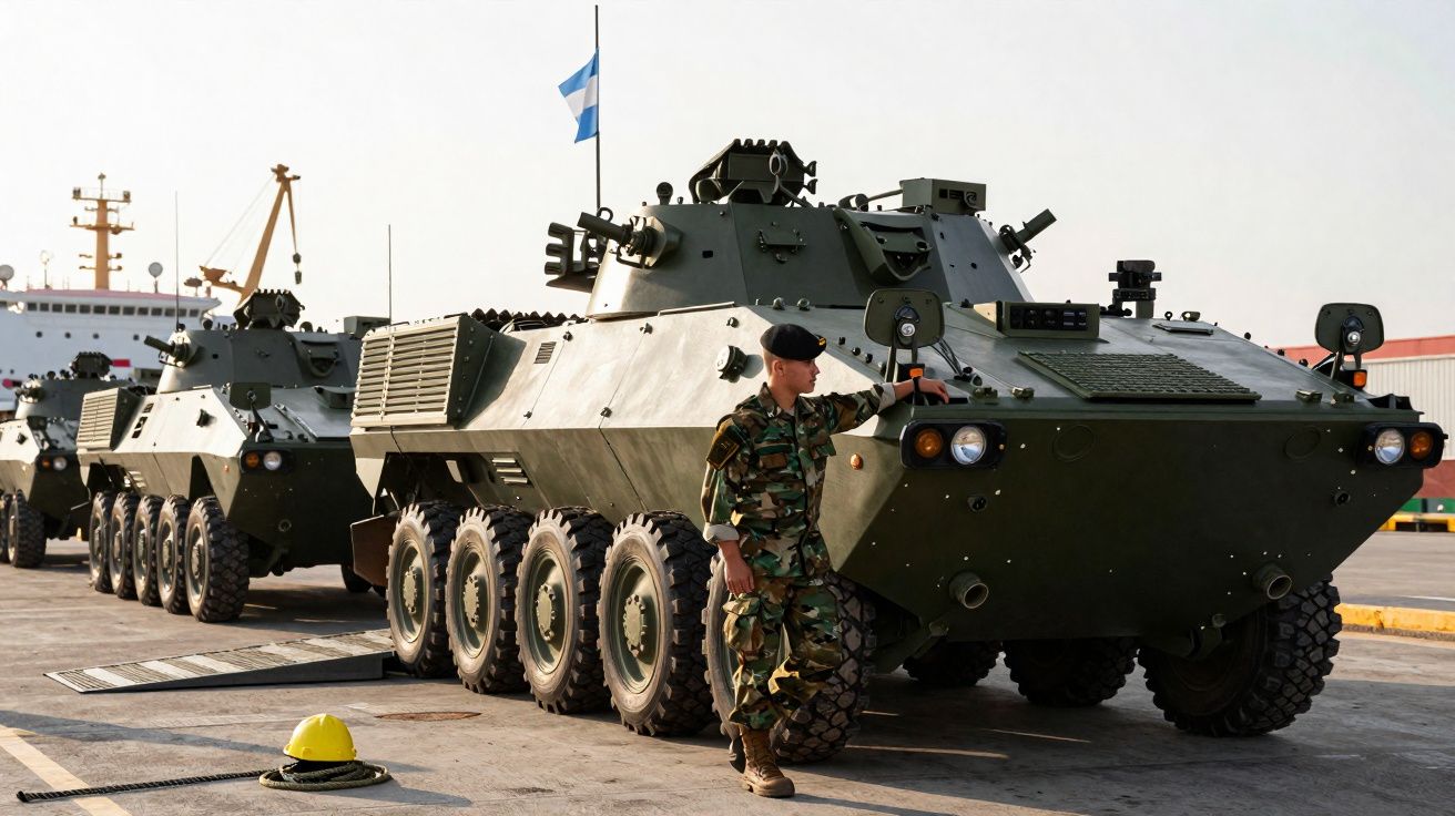 Soldado junto a veículo blindado de rodas num cais, com bandeira da Finlândia ao fundo.