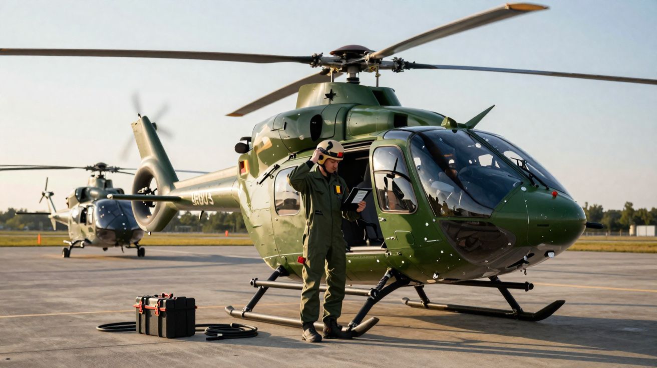 Helicópteros militares verdes estacionados com piloto em cima da pista a consultar equipamento.