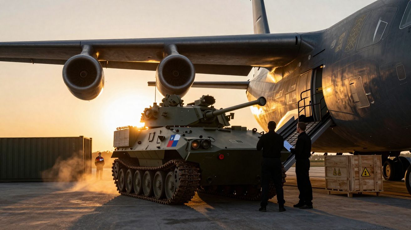 Veículo militar blindado a ser carregado em avião de carga durante pôr do sol no aeroporto.