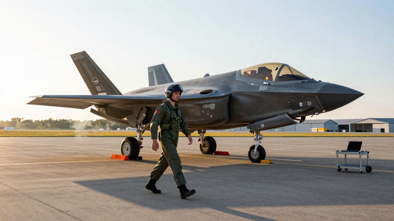 Piloto caminhando ao lado de caça furtivo estacionado numa pista ao pôr do sol.
