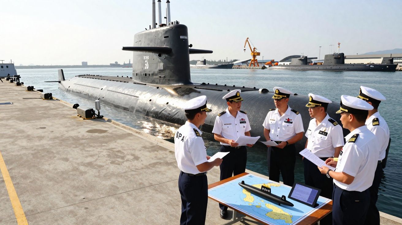Cinco oficiais navais junto a um submarino ancorado, com um mapa e miniatura do submarino numa mesa à frente.