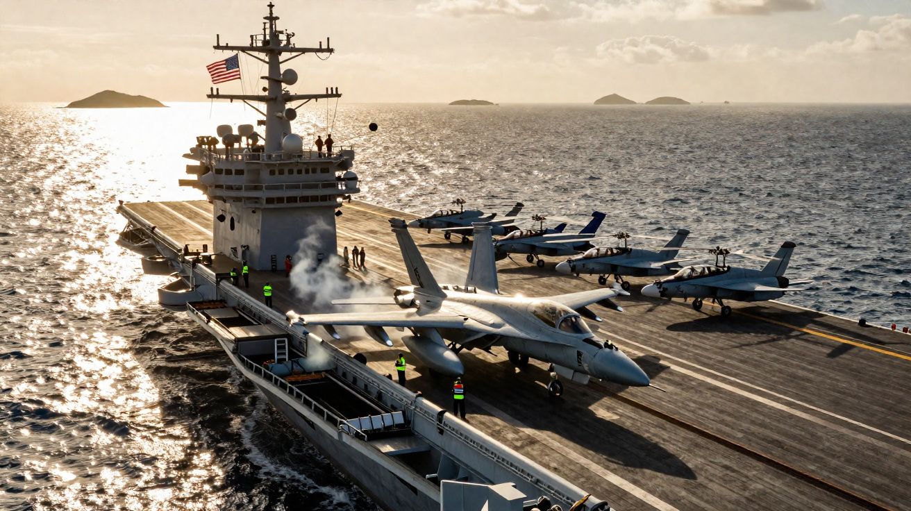 Porta-aviões da marinha dos EUA com vários jatos estacionados em convés flutuando no mar ao pôr do sol.