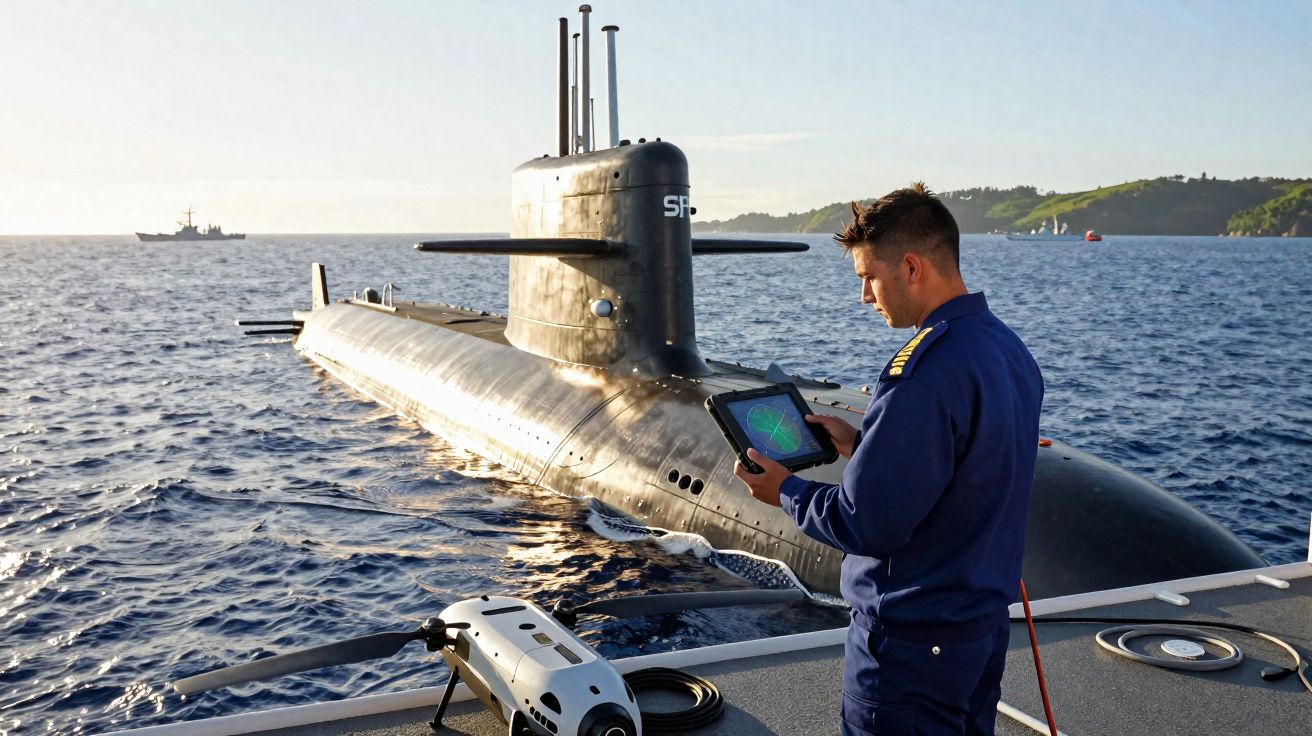 Homem em uniforme marítimo a operar dispositivo eletrónico junto a submarino ancorado no mar.