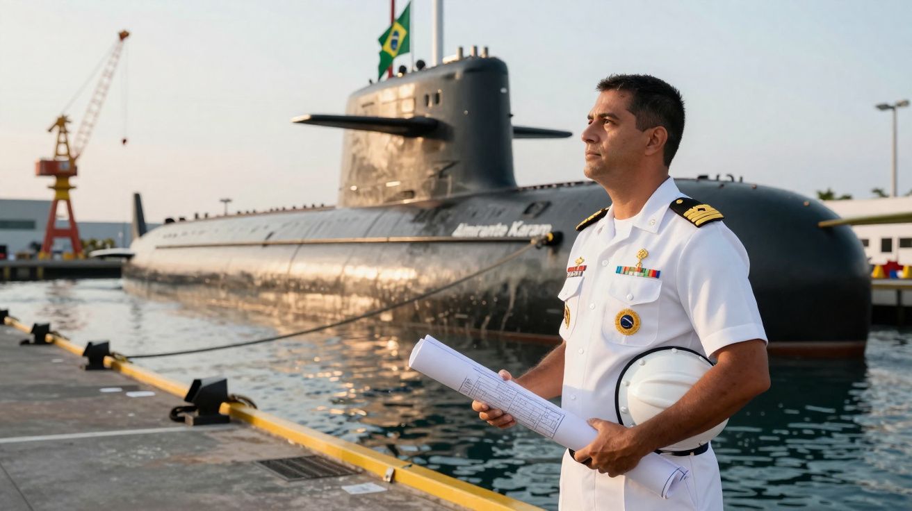 Homem fardado da marinha com capacete e planta junto a um submarino atracado em porto naval.