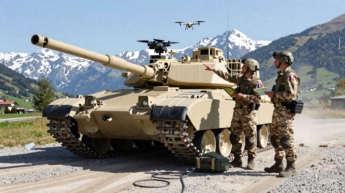 Dois soldados em uniforme camuflado junto a um tanque de guerra com drone voando em ambiente montanhoso.