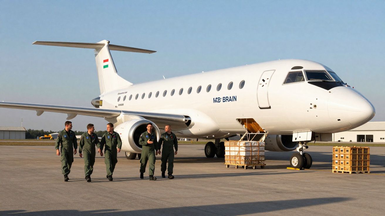 Cinco homens em uniforme verde caminham junto a um avião branco estacionado numa pista de aeroporto.
