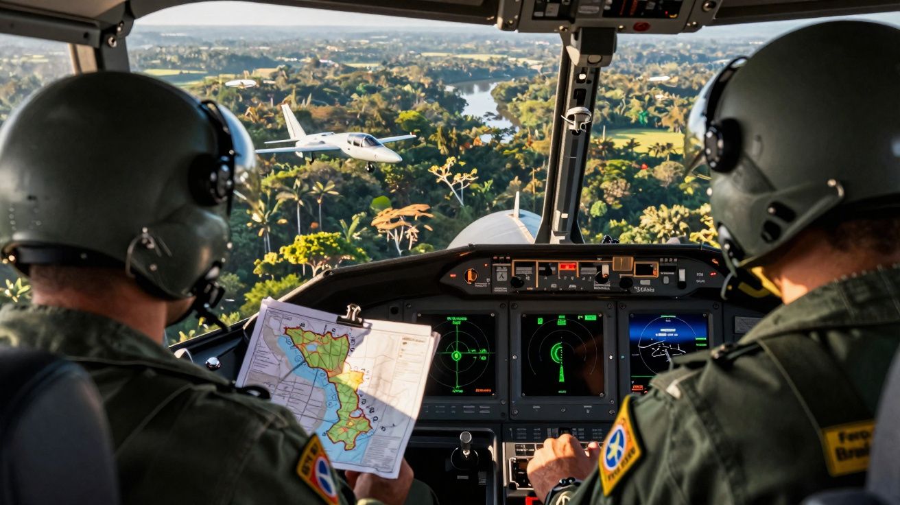 Cockpit de avião militar com dois pilotos e avião a sobrevoar área verde com rio ao fundo.